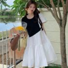 Short-sleeve Two-tone Ruffle Trim Midi Dress Black & White - One Size