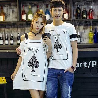 Couple Matching Poker Print Short Sleeve T-shirt / Off Shoulder Short Sleeve Dress
