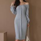 Long-sleeve Off-shoulder Buttoned Sheath Dress