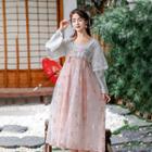 Flower Embroidered Long-sleeve Midi Hanfu Dress