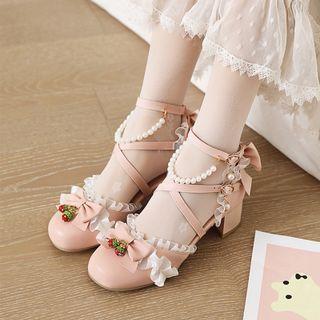 Faux Pearl Crisscross Ankle-strap Chunky-heel Sandals
