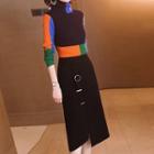 Set: Color Block Long-sleeve Knit Top + High-waist Midi Straight-fit Skirt