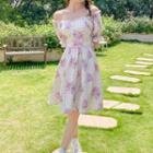 Puff-sleeve Floral A-line Dress Pink Flowers - White - One Size