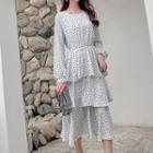 Heart Print Tiered Long-sleeve Midi A-line Dress