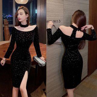 Choker-neck Long-sleeve Dotted Sheath Dress