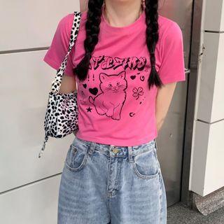 Short-sleeve Printed T-shirt Rose Pink - One Size
