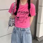 Short-sleeve Printed T-shirt Rose Pink - One Size