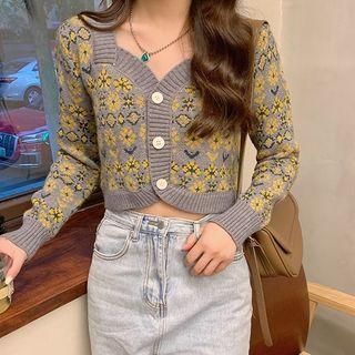 Flower Print Cropped Cardigan / Plain A-line Skirt