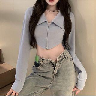 Long-sleeve Zip-up Polo Shirt Blue - One Size