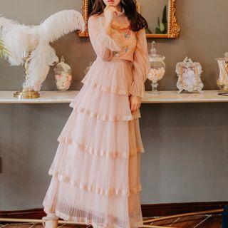 Mock Neck Ruffle Trim Maxi Dress