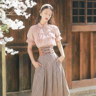 Bell-sleeve Ruffled Blouse / Lace-up Maxi A-line Skirt