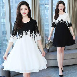 Elbow-sleeve Two-tone Lace Panel A-line Dress