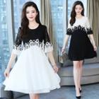 Elbow-sleeve Two-tone Lace Panel A-line Dress