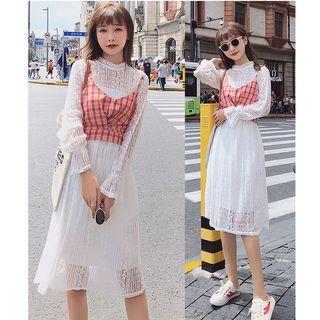Set: Lace Long-sleeve Midi Dress + Plaid Camisole Top