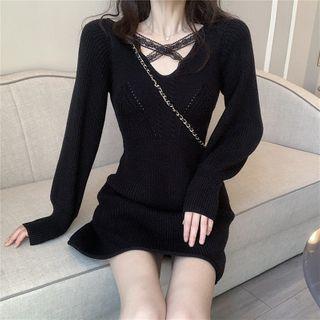 Long-sleeve Lace Trim Knit Mini A-line Dress