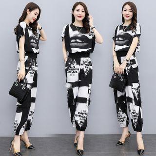 Set: Short-sleeve Lip Print Blouse + Baggy Pants