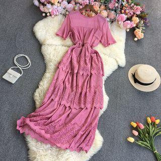 Elbow-sleeve Lace Panel Layered Maxi A-line Dress