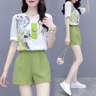Set: Elbow-sleeve Print T-shirt + Dress Shorts