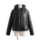Hooded Faux Leather Zip-up Jacket