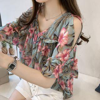 Flower Print Short-sleeve Chiffon Top