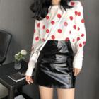 Lettering Polka Dot Knit Top / Patent A-line Skirt