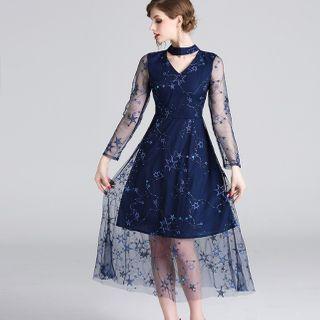 Star Embroidered Choker Long-sleeve Midi A-line Mesh Dress