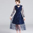 Star Embroidered Choker Long-sleeve Midi A-line Mesh Dress