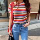 Round-neck Striped Knit Top Red - One Size