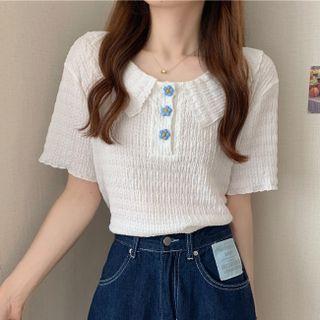 Short-sleeve Peter Pan-collar Lettuce Edge Crop Top