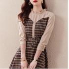 3/4-sleeve Frill Trim Plaid A-line Dress