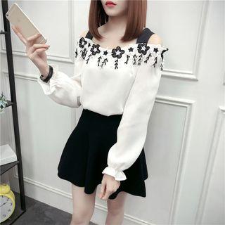 Long-sleeve Flower Trim Cold Shoulder Chiffon Top