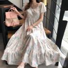 Puff-sleeve Tie-dyed Tiered Midi A-line Dress Pink & Blue & Beige - One Size