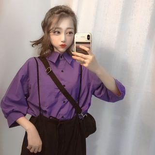 Plain 3/4-sleeve Shirt / Wide-leg Suspender Pants