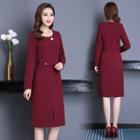 Plain Long-sleeve Slit Dress