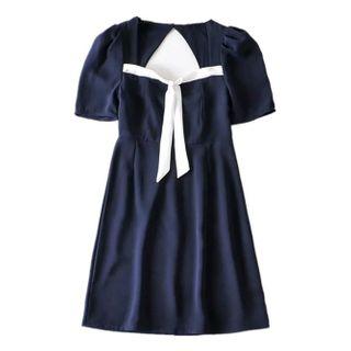 Short-sleeve Contrast Ribbon Chiffon Dress