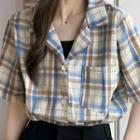 Elbow-sleeve Plaid Open-collar Shirt As Shown In Figure - One Size