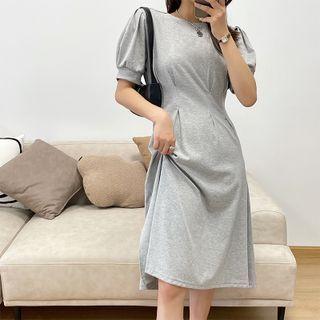 Puff Short-sleeve Round-neck Slit Dress