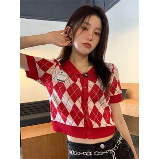 Short-sleeve Collar Argyle Cardigan Argyle - Red - One Size