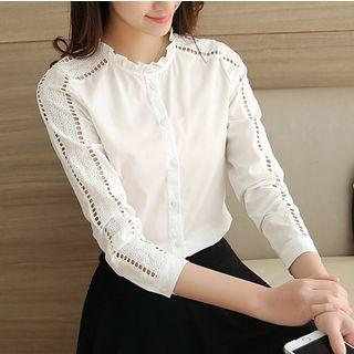 Frill Trim Perforated Long-sleeve Shirt