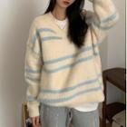 V-neck Striped Sweater Beige - One Size