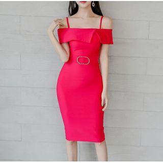 Short-sleeve Buckled Midi Sheath Dress