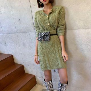 Set: Crew-neck Cable-knit Cardigan + Skirt