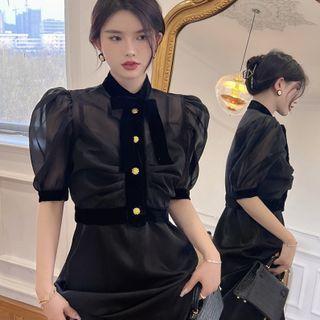 Short-sleeve Sheer Top / Spaghetti Strap A-line Dress