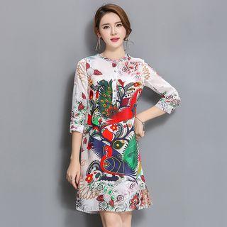 Printed 3/4 Sleeve Buttoned Dress