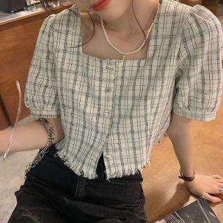 Short-sleeve Frayed Plaid Blouse