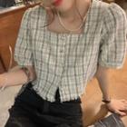 Short-sleeve Frayed Plaid Blouse