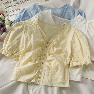 Puff-sleeve Zipper Crop Top
