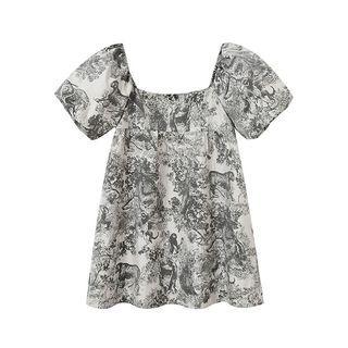Puff-sleeve Square Neck Print Mini A-line Dress