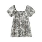 Puff-sleeve Square Neck Print Mini A-line Dress