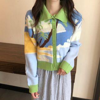 Collared Print Cardigan Green & Blue & White - One Size
